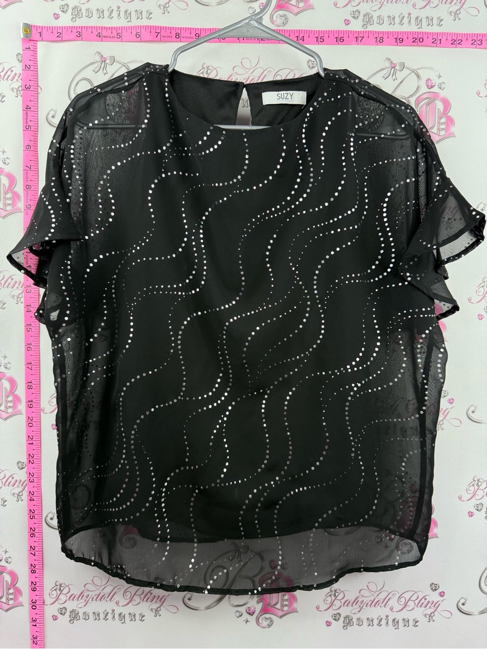 Suzy Shier shirt ruffle details Black Sheer Blouse polka dots silver Wave Detail